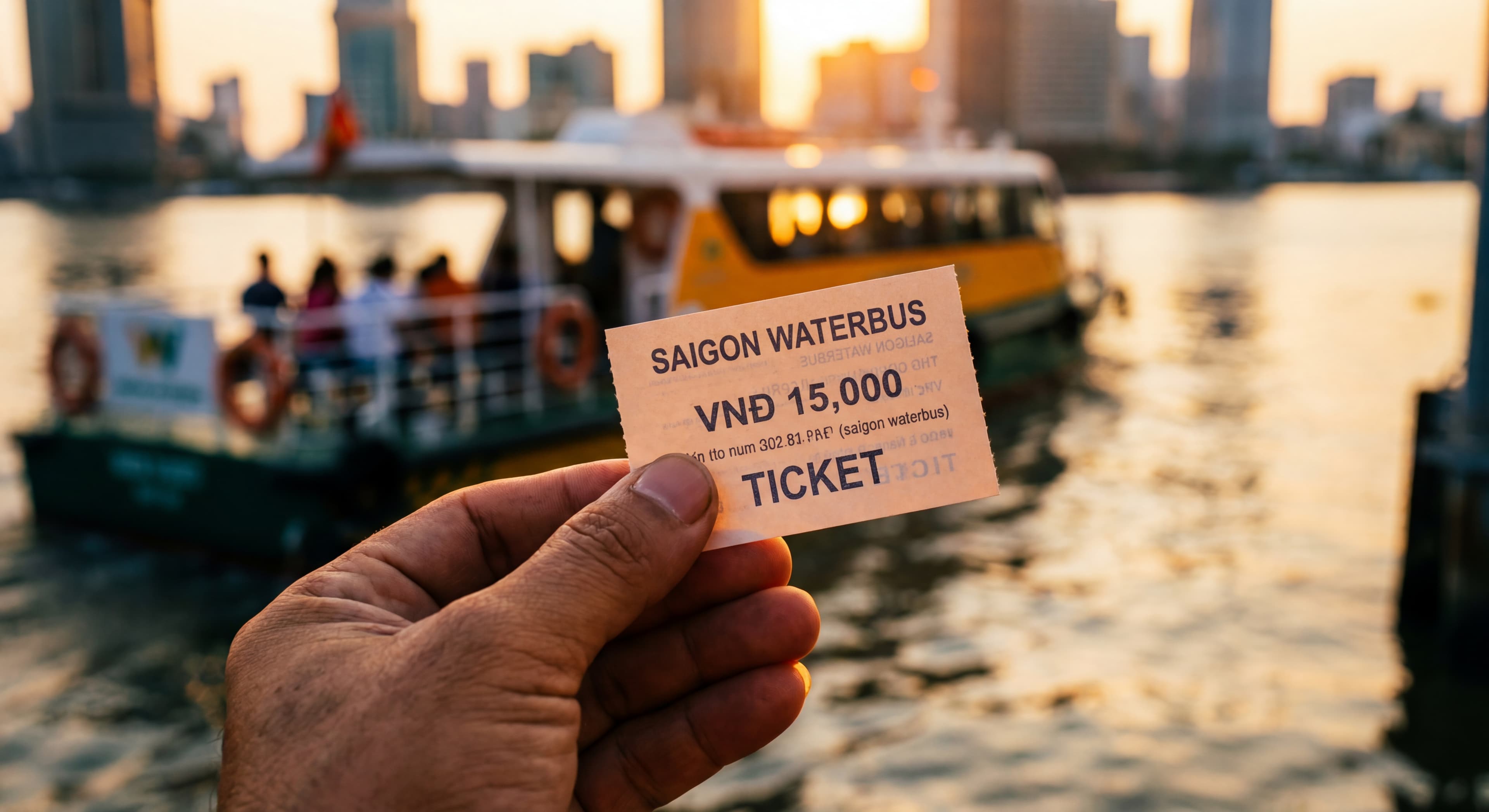 Close-up shot of a hand holding a Saigon Waterbus ticket with the blurred river and a boat in the ba