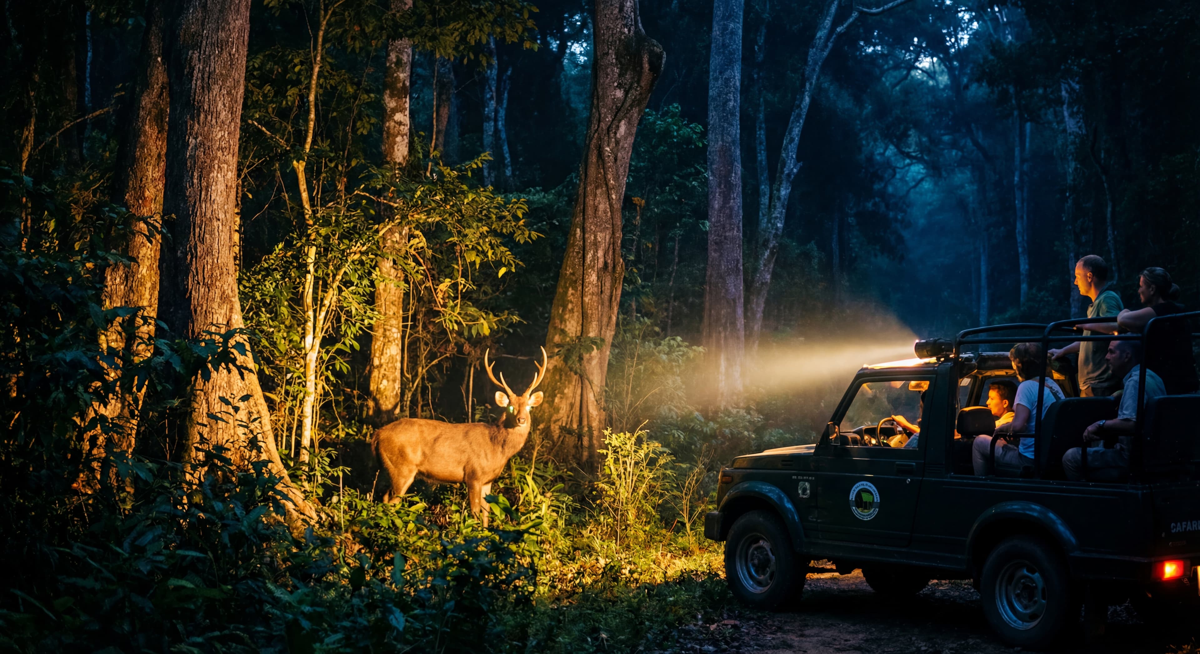 A night safari tour in Cát Tiên National Park with a spotlight revealing a deer in the wilderness, s