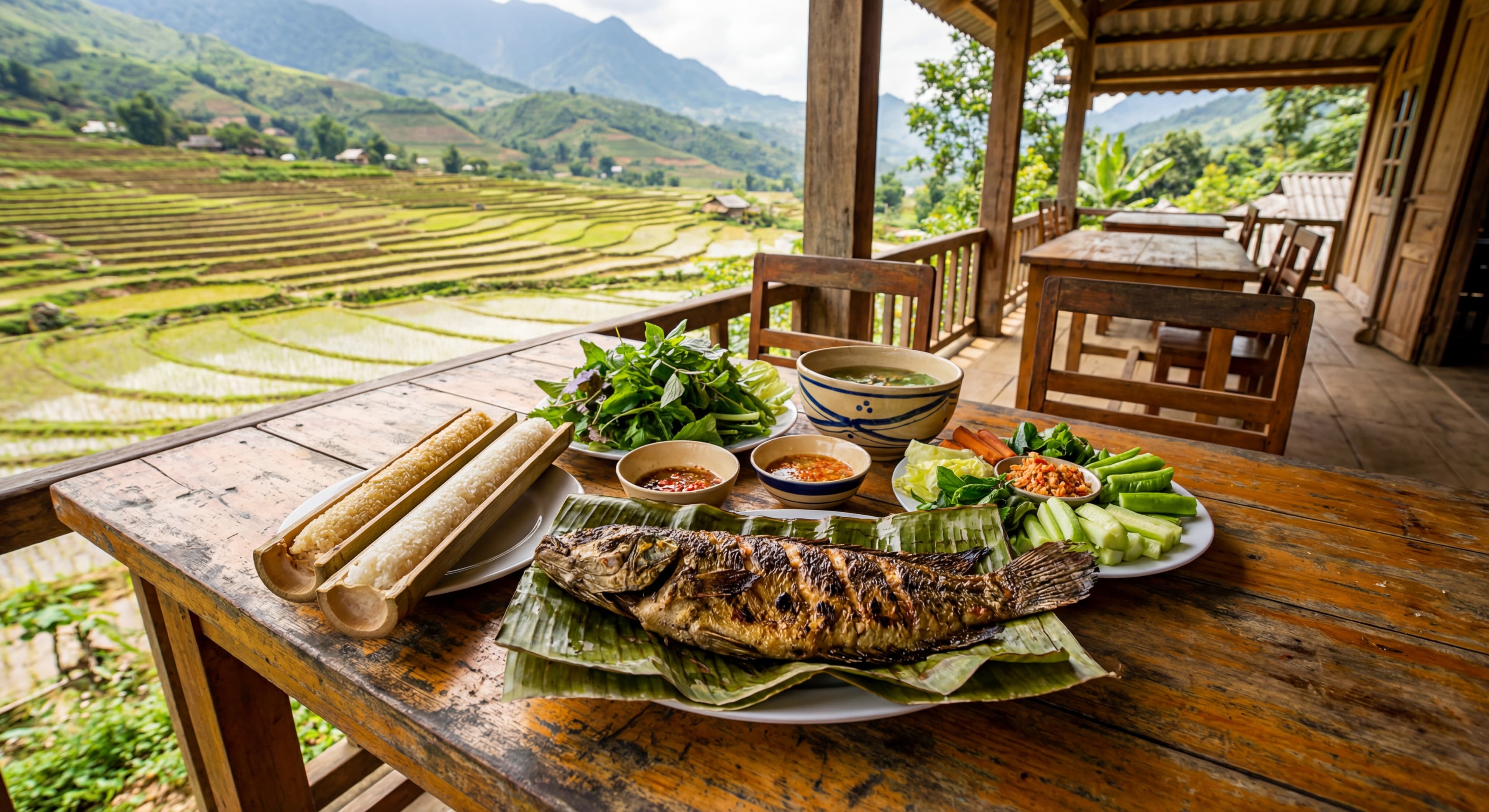 A traditional Vietnamese meal featuring grilled fish, bamboo sticky rice, and local vegetables serve