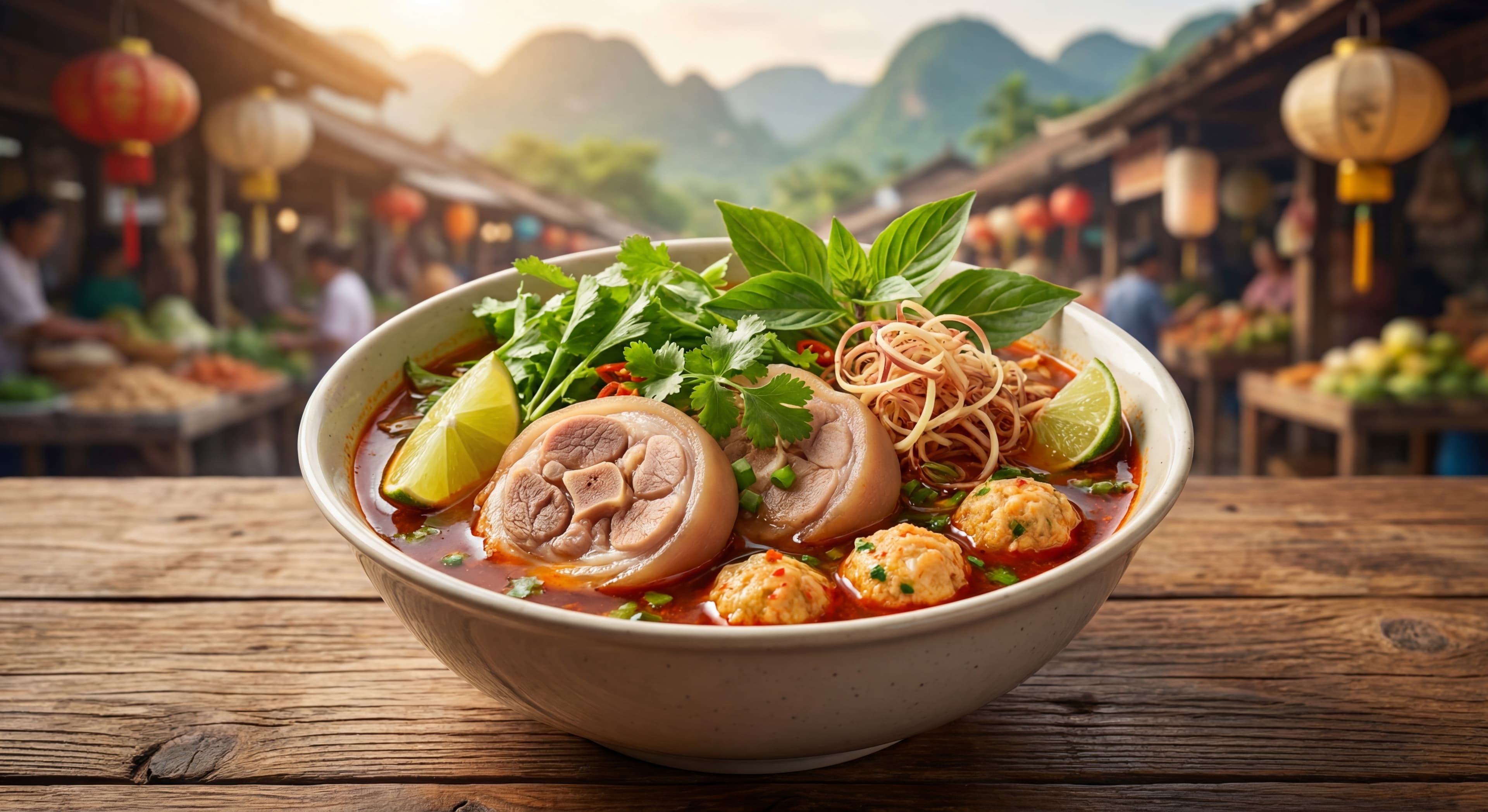 Close-up shot of a traditional Bun Bo Hue bowl with spicy red broth, pork knuckle, crab balls, fresh