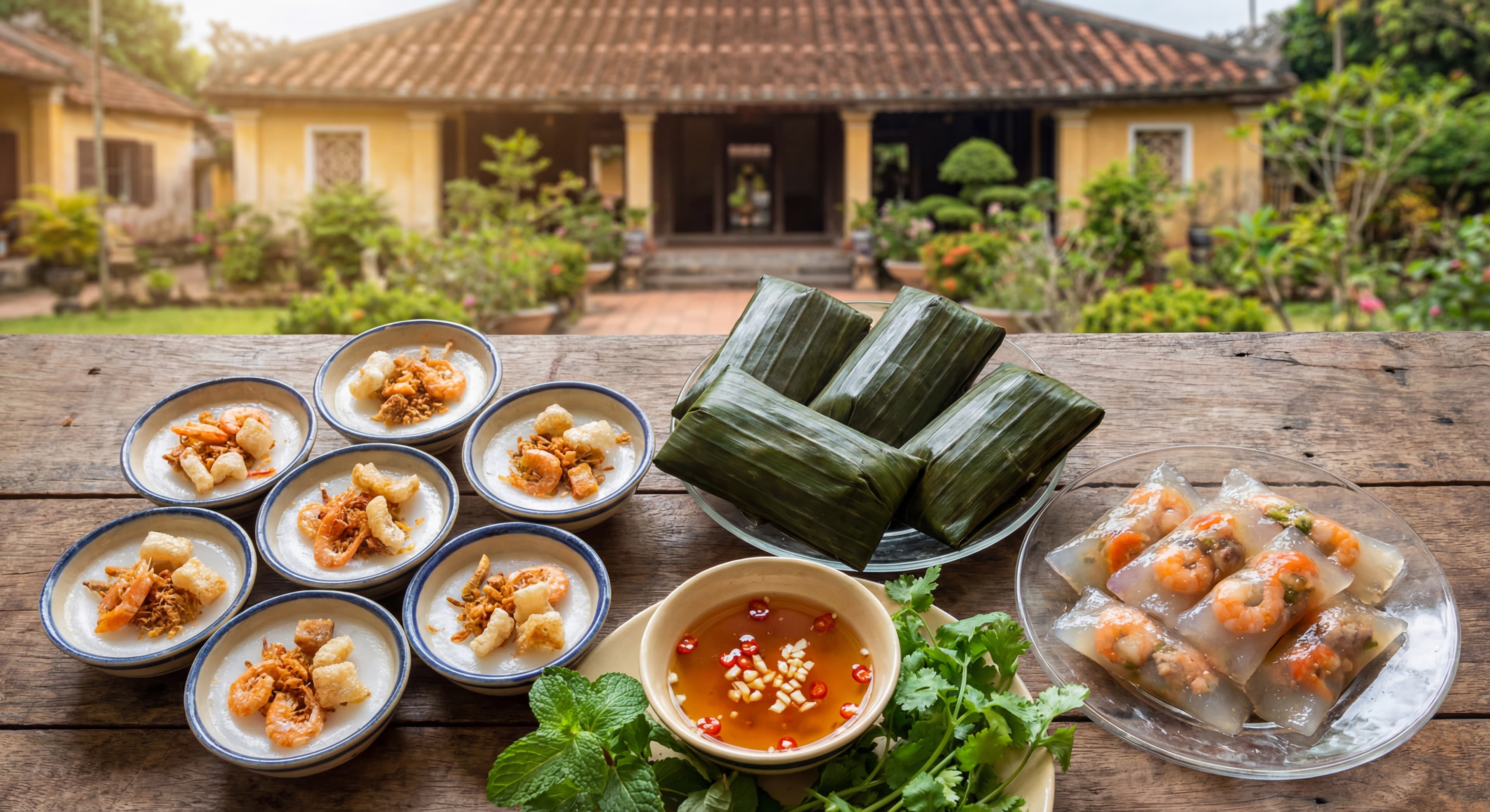 A flat lay composition of Hue traditional cakes including Banh Beo in small bowls, Banh Nam wrapped