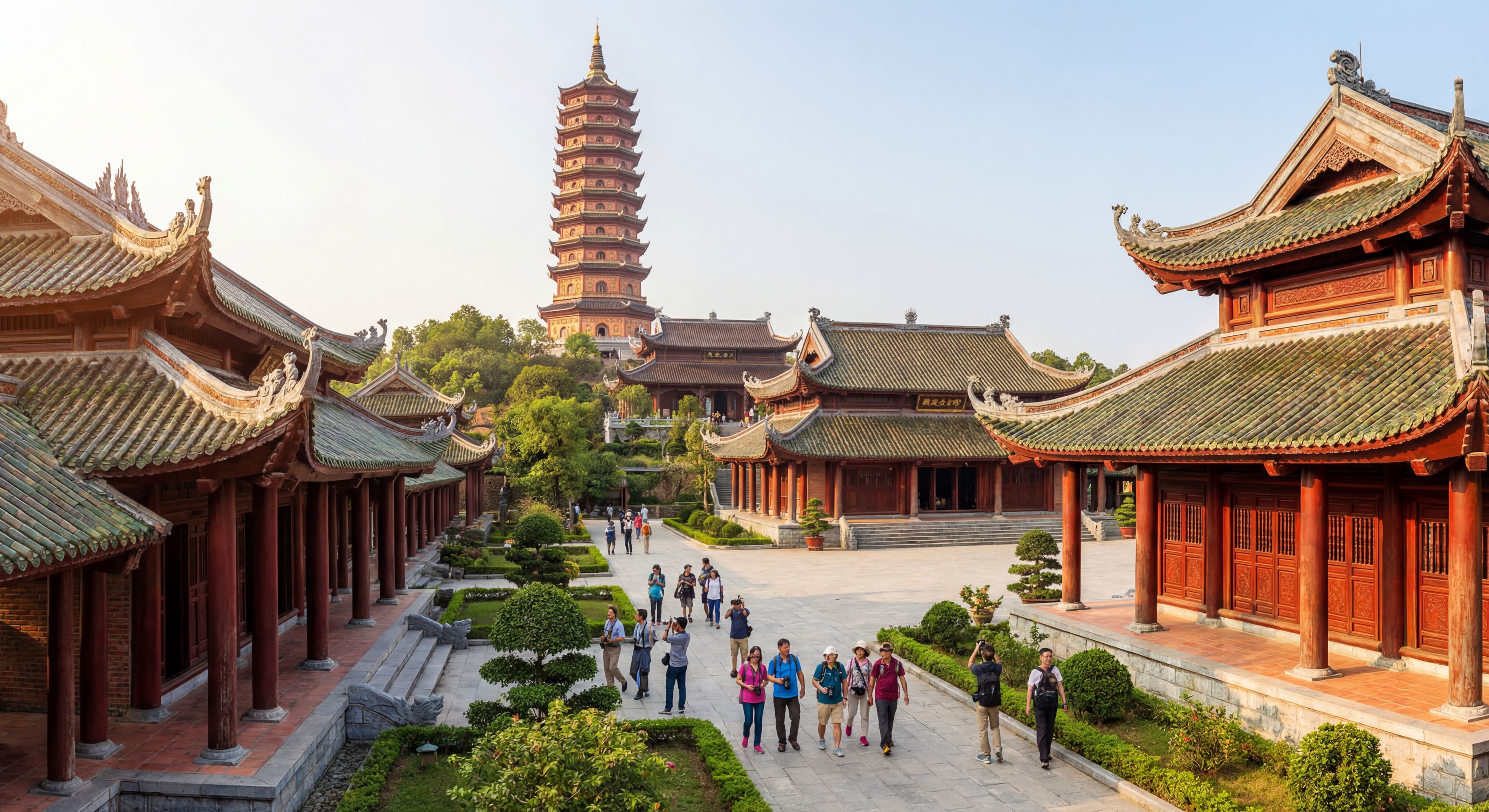 The majestic architecture of Bai Dinh Pagoda complex in Ninh Binh, featuring the multi-story tower a