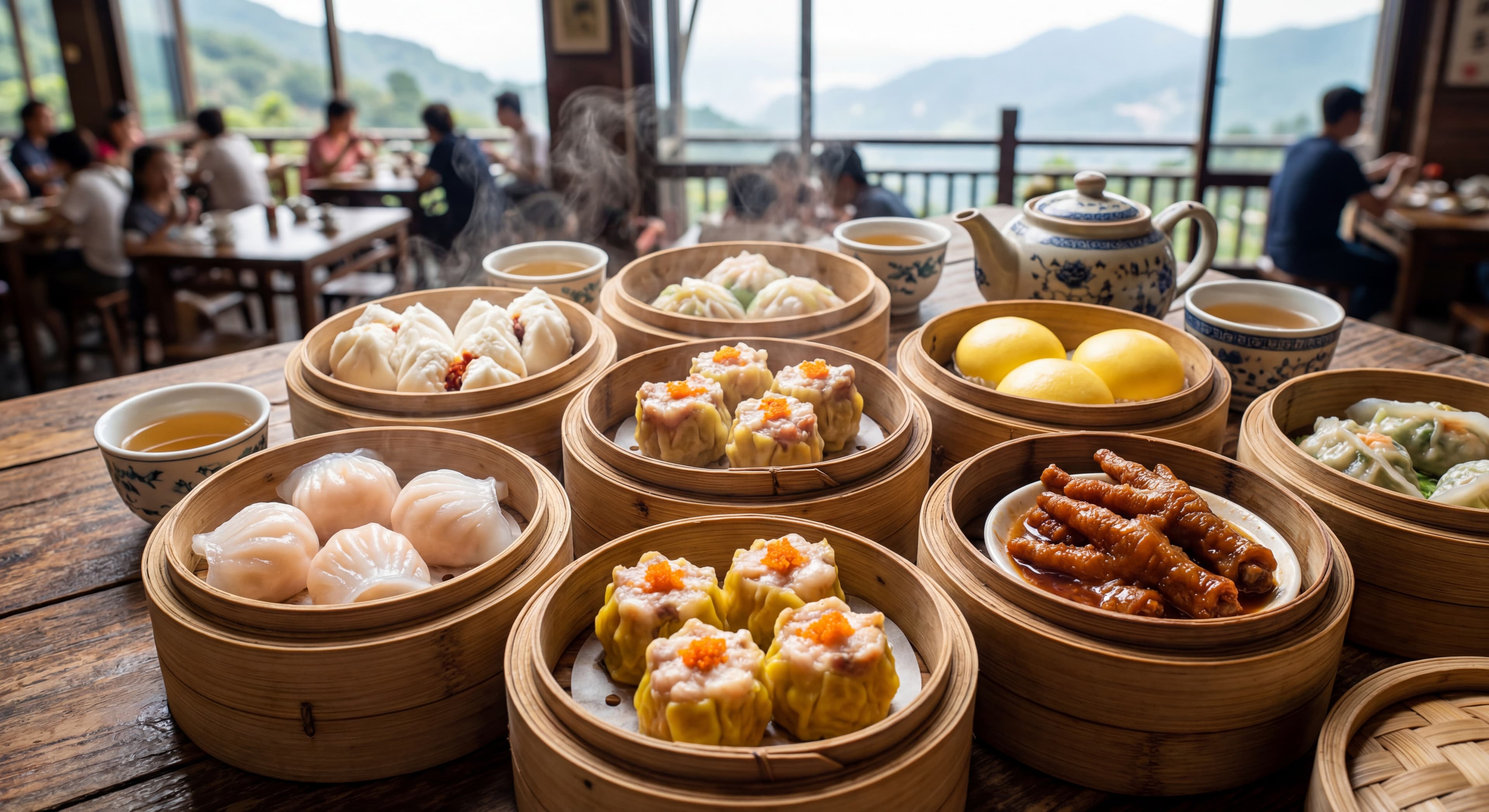 Close-up shot of a table full of bamboo steamers containing various dim sum dishes like shrimp dumpl