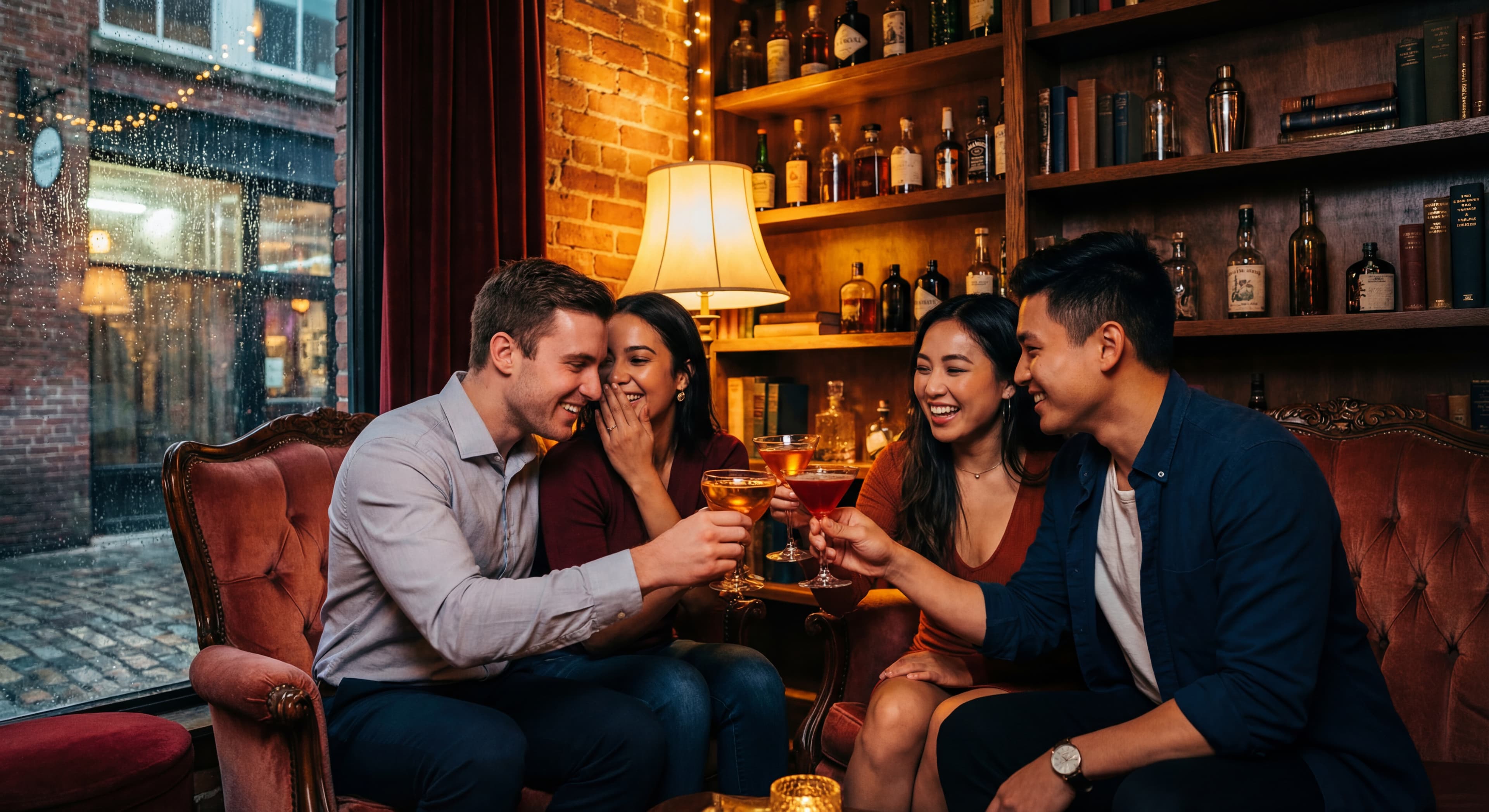 A group of young friends toasting with cocktails in a cozy, intimate corner of a hidden bar, smiling