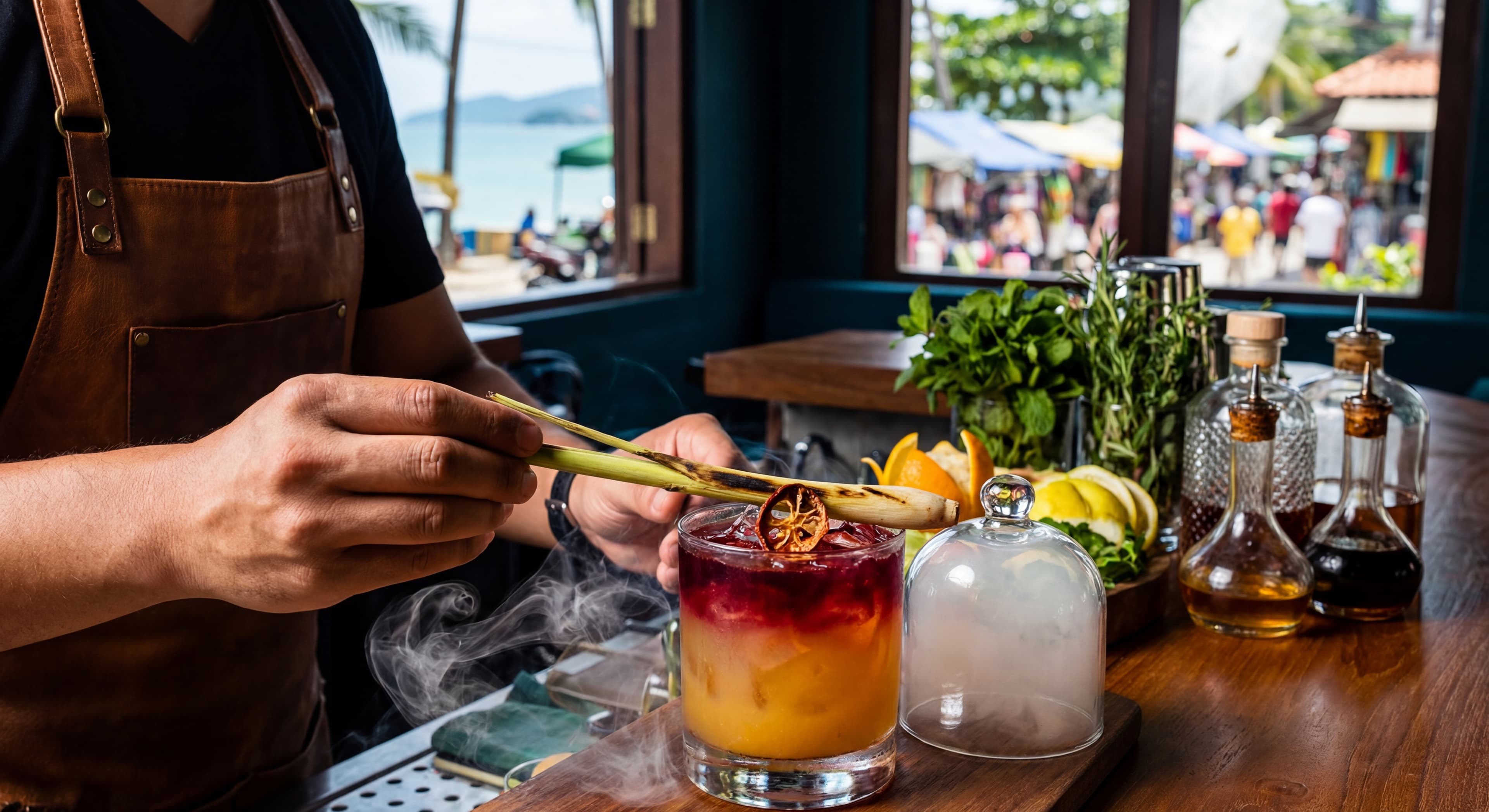 Close-up of a bartender's hands garnishing a colorful signature cocktail with smoke effect and exoti