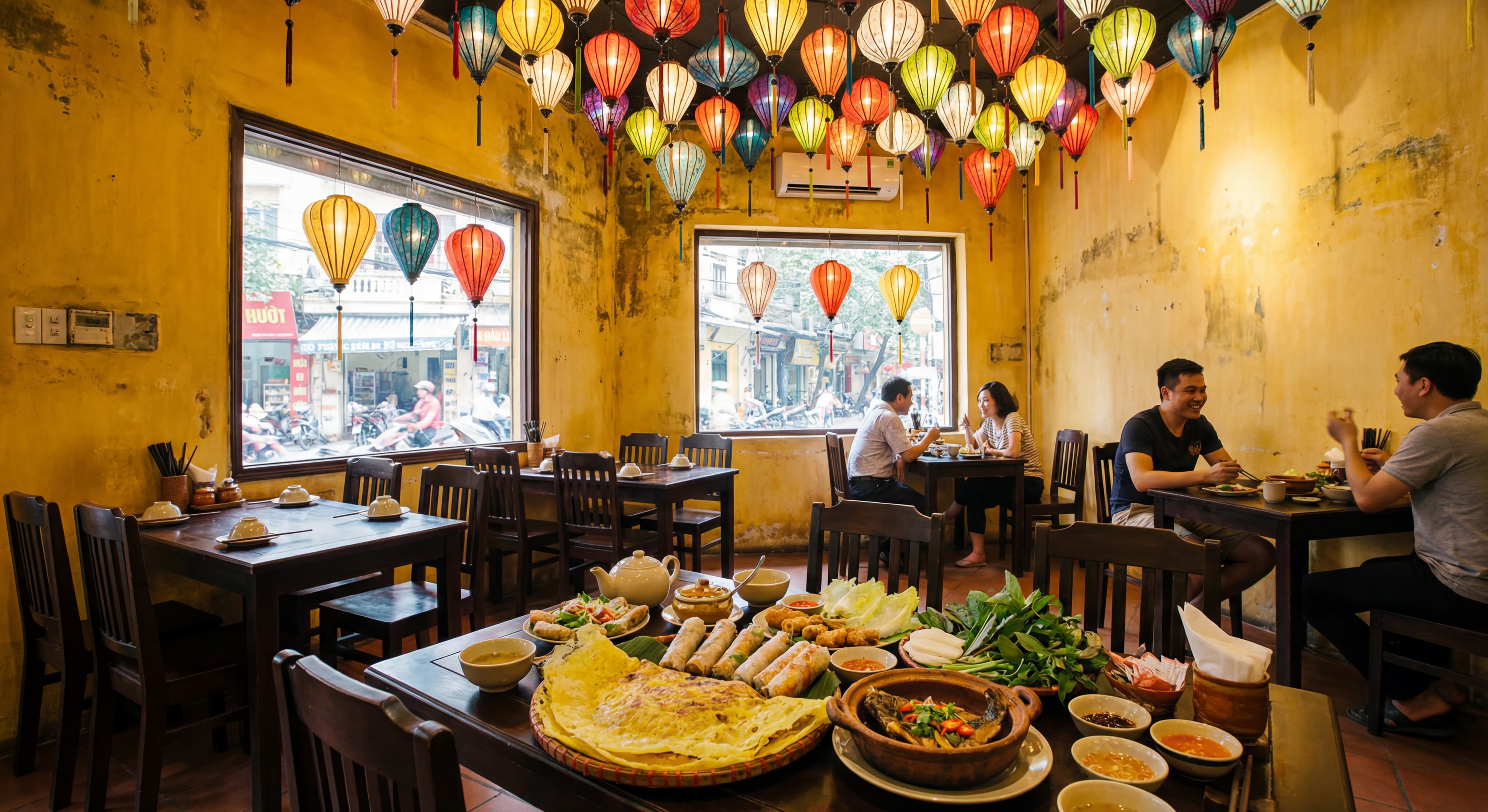 Interior view of a cozy Vietnamese restaurant with yellow walls, wooden furniture, and colorful lant