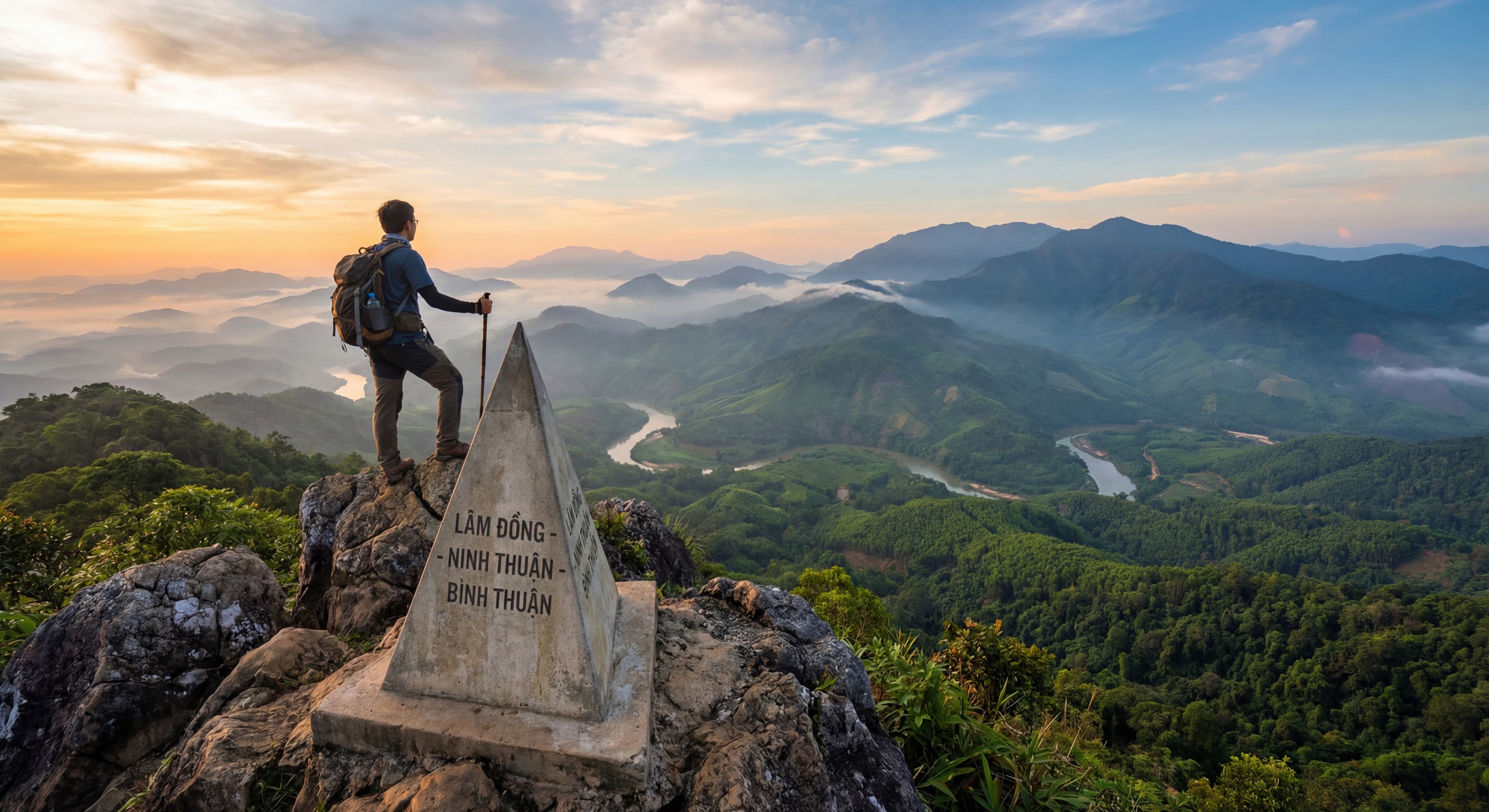 A trekker standing on a mountain peak overlooking the three-province boundary marker of Lam Dong, Ni